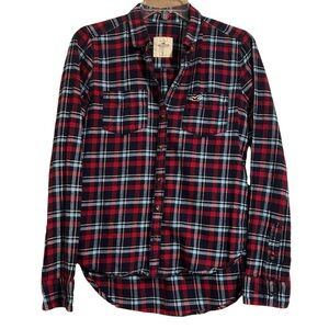 Hollister Navy Blue Red White Flannel Tartan Plaid Long Sleeve Top Women's Small